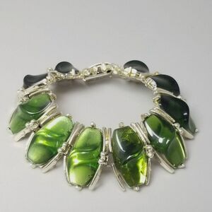 Vintage Star Green Wavy Lucite Panel Bracelet, Signed, Retro 60s Style, Estate